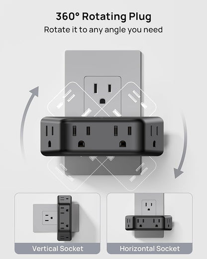 TROND Black 360 Rotating Plug Outlet Extender, Space-Saving Outlet Splitter | Plug Adapter with 4 Grounded Socket, 3 Way Angled Design, 900J Surge Protection, for Bathroom Kitchen Office Bedroom