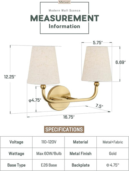 2-Light Bathroom Light Fixtures, Brushed Gold Vanity Lights, Double Wall Sconce with Linen Fabric Shade, Modern Sconces Wall Lighting for Hallway Bedroom Stairway, VL837-BG-A-2
