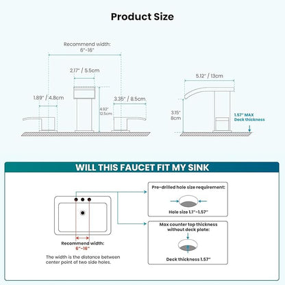 gotonovo Waterfall 8 inch Widespread Bathroom Faucet Set Bathroom Sink Faucet 3 Hole 2 Handle Vanity Lavatory Deck Mount with Pop Up Drain and Water Supply Lines Round Body Gold and Matte Black