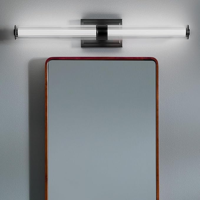Kichler Laurene LED Bath Bar Light, Black | Linear vanity light with clear fluted glass for bathroom mirrors (31" x 5"), 55197BKLED