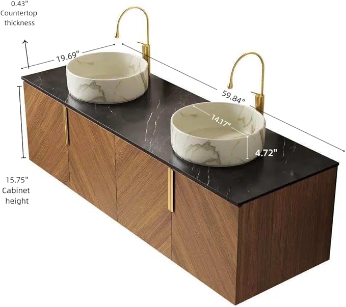 Bathroom Vanity with Double Sink, 60 Inch Floating Vanity with Vessel Sink, Wall-Mounted Plywood Bathroom Sink Cabinet with 4 Doors, Black Sintered Stone Countertop, Brown Oak