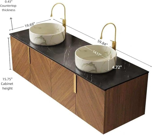 Bathroom Vanity with Double Sink, 60 Inch Floating Vanity with Vessel Sink, Wall-Mounted Plywood Bathroom Sink Cabinet with 4 Doors, Black Sintered Stone Countertop, Brown Oak