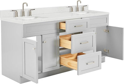 ARIEL Hamlet 72-inch Bathroom Vanity with Sink,Solid Wood, 1.5-inch Carrara White Quartz Countertop & Backsplash, Double Rectangular Porcelain Sink, 4 Soft Closing Doors, 3 Dovetail Drawers, Grey