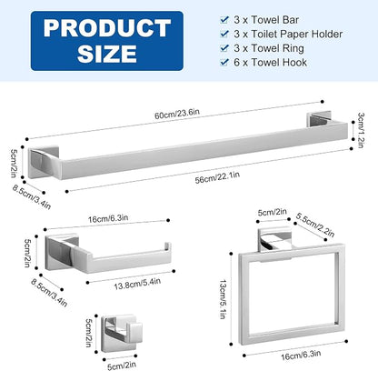 Cilee 15-Pieces Polished Chrome Bathroom Hardware Set, 24 in Towel Bar Set | Towel Bar, Square Towel Ring Toilet Paper Holder Towel Hook, Bathroom Accessories Wall-Mounted Stainless Steel Towel Rack Set