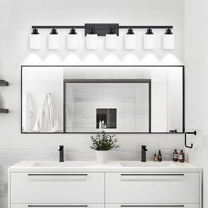 8-Light Bathroom Light Fixtures Over Mirror, 52inch Modern Matte Black Vanity Lights with White Frosted Glass Shade, Bathroom Wall Lamp Sconces for Mirror Bedroom, Living Room Hallway