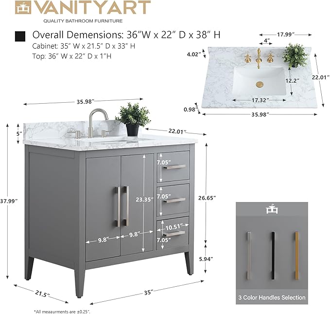 Vanity Art 36 inch Bathroom Vanity with Single Sink & Ceramic Top, Vanity Cabinet with Soft-Closing Doors, Drawers, Solid Wood Frame, Cashmere Gray, VA9036-G-MB1
