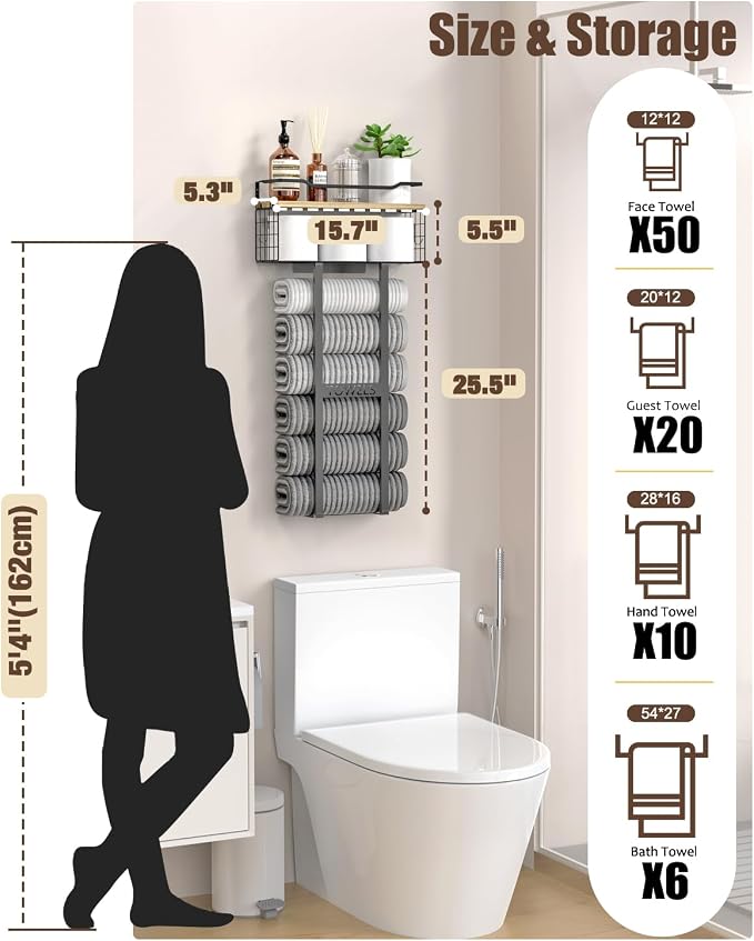 Aetyord Towel Racks for Bathroom - Wall Mounted Metal Rack with Wood Plank, Bathroom Storage Organizer, Towel Holder Stores 6 Large Rolled Towels Easily, Black with Wood Plank