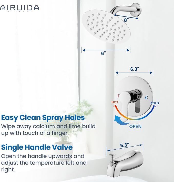 Airuida Shower Faucet Set with Tub Spout,6" Bathtub Faucet-Chrome Polish | Male Threads Rough-In Valve,Round Head Shower System,Tub and Shower Kit Set