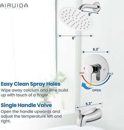 Airuida Shower Faucet Set with Tub Spout,6" Bathtub Faucet-Chrome Polish | Male Threads Rough-In Valve,Round Head Shower System,Tub and Shower Kit Set