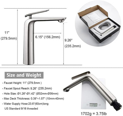 TOCALOCA Tall Vessel Sink Faucet, Premium Brass Mixer Tap Brushed Nickel Single Handle Vanity Faucet 1 Hole, Modern Commercial Anti-Fingerprints