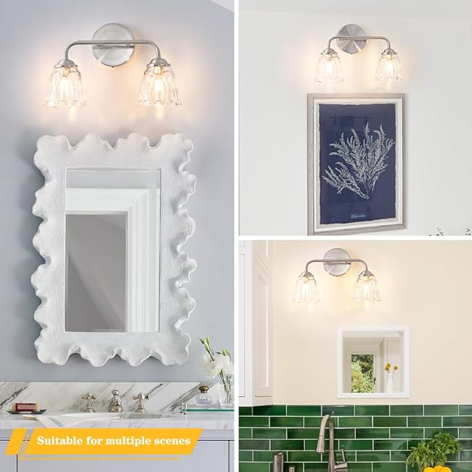 Vintage Bathroom Vanity Light, Brushed Nickel Vanity Lights Over Mirror, 2-Light Elegant Bathroom Light Fixture with Flower Glass Shade, Wall Sconce Lighting for Bedroom Lining Room