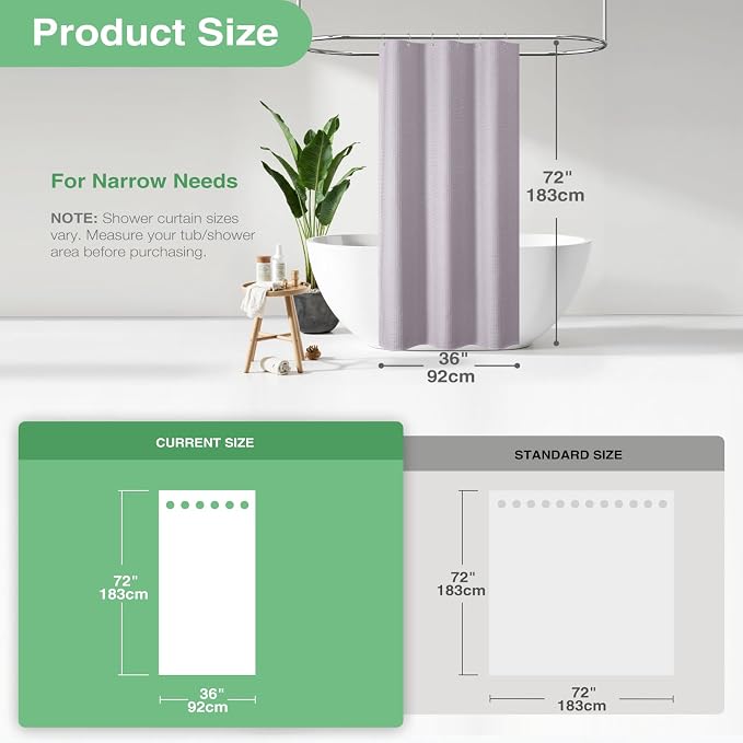Stall Waffle Shower Curtain 256 GSM Heavy Fabric 36x72 Lavender | Narrow Half Size, Thick Cloth, Weighted Hem, Water Repellent, Hotel Luxury Polyester Shower Curtain Set for Bathroom 6 Hooks