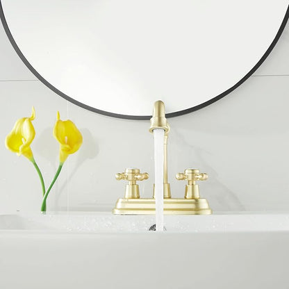 Bathroom Faucet Brushed Gold 2 Handles 4 Inches Centerset Bathroom Vanity with Drain Assembly and Supply Hose Lavatory Faucet