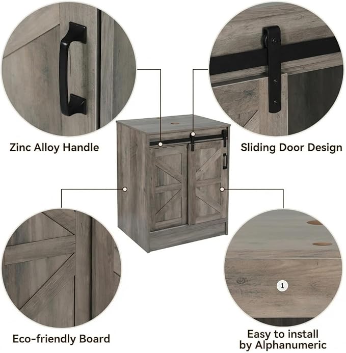 30" Barn Door Bathroom Vanity, Farmhouse Style Standing Pedestal Cabinet with Black Ceramic Vessel Sink