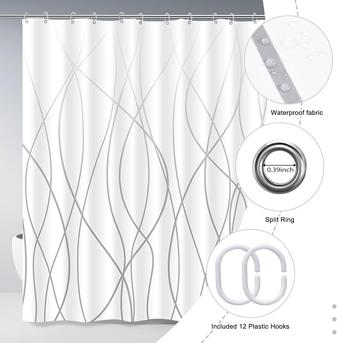 Striped Shower Curtain for Bathroom, Ombre Grey White, 72"W x 72"L | with Hooks, Modern Hotel Style, Water Repellent, Washable, Weighted Hem