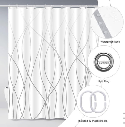Striped Shower Curtain for Bathroom, Ombre Grey White, 72"W x 72"L | with Hooks, Modern Hotel Style, Water Repellent, Washable, Weighted Hem