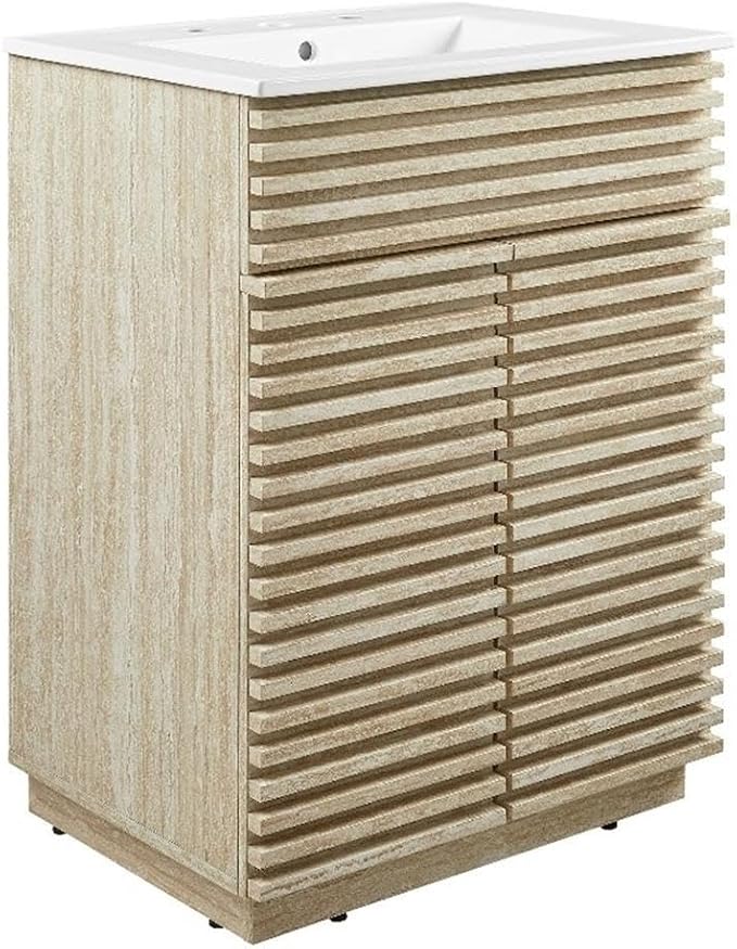Modway Render Faux Travertine Slatted 24 Inch Bathroom Vanity in White with Sink Combo - Mid-Century Modern Single Sink Bathroom Vanity - Vanity Cabinet with Soft-Close Doors