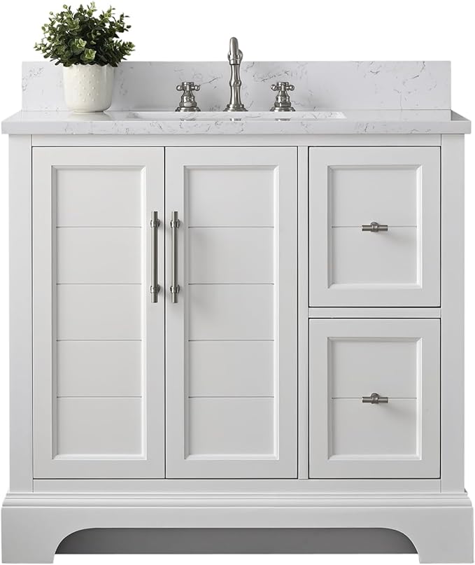 HOMEBEYOND 36 Inch Bathroom Vanity with Single Sink & Ceramic Top, Vanity Cabinet with Center Countertop Basin, Soft-Closing Doors, Backsplash, White