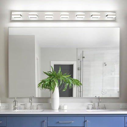 SOLFART Bathroom Vanity Lighting Over Mirror,7 Lights Brushed Nickel Vanity Light, Modern LED Light Fixtures,53 Inch for Bathroom