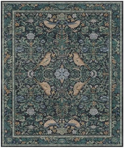 Cottagecore 10x12 Area Blue Rug for Living Room - Floral & Bird Soft Rugs for Bedroom, Washable Carpet for Dining Room Under Table, Vintage Olive Indoor Aesthetic Décor, Low Pile Stain Resistant