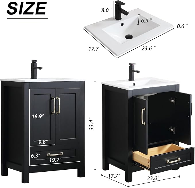 LUCKWIND 24" Bathroom Vanity and Sink Combos, Modern Bathroom Storage Painted Cabinet with Undercounter Ceramic Single Sink Top, Matte Black Faucet and Drawer, Mirror Not Included, Black