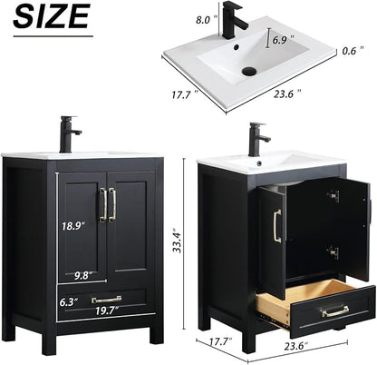 LUCKWIND 24" Bathroom Vanity and Sink Combos, Modern Bathroom Storage Painted Cabinet with Undercounter Ceramic Single Sink Top, Matte Black Faucet and Drawer, Mirror Not Included, Black