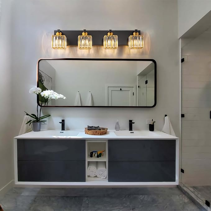 Crystal Black Gold Bathroom Vanity Light, 4-Lights Bathroom Lighting Fixtures Over Mirror Modern Crystal Wall Lighting with Square Shade