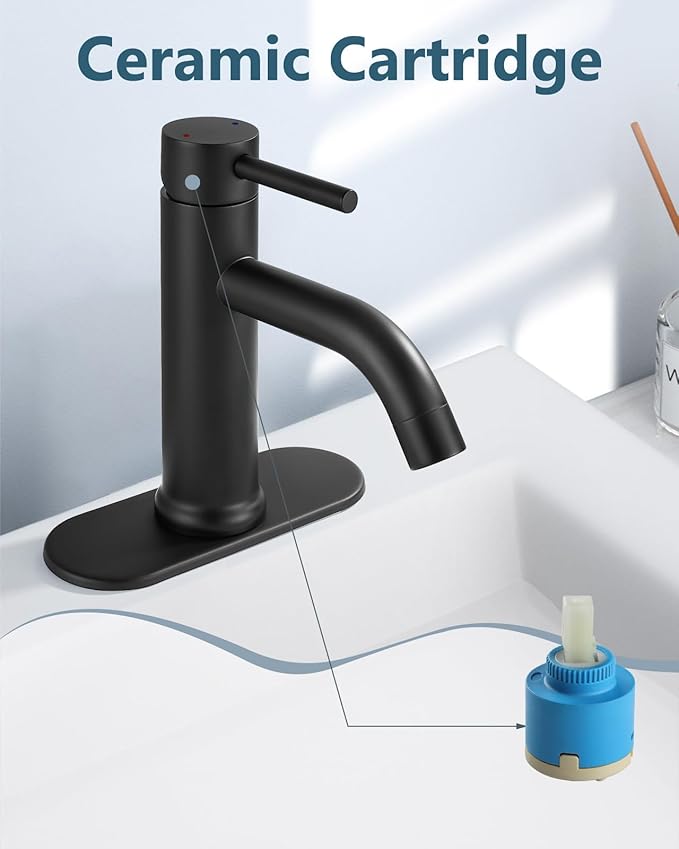 Aolemi Bathroom Faucet Single Hole,Single Handle Bathroom Sink Faucet with Supply Lines,with Pop Up Drain Assembly and Deck Plate,Matte Black
