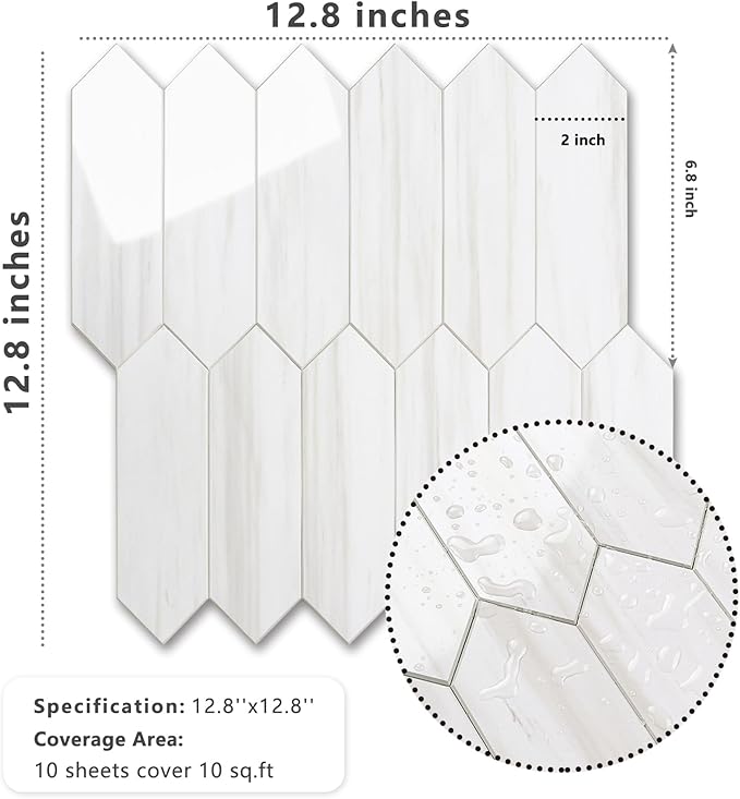 Vamos Tile Glossy Dolomite White Backsplash Tile Peel and Stick, 12.8 x 12.8 Inch 10 Sheets Long Hexagon PVC Self Adhesive Mosaic Wall Tiles Stick on Backsplash for Kitchen and Bathroom