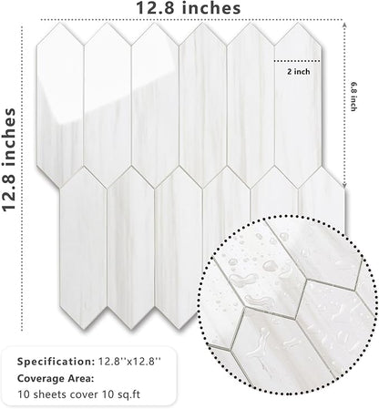 Vamos Tile Glossy Dolomite White Backsplash Tile Peel and Stick, 12.8 x 12.8 Inch 10 Sheets Long Hexagon PVC Self Adhesive Mosaic Wall Tiles Stick on Backsplash for Kitchen and Bathroom