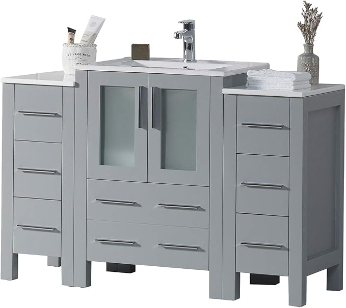 Blossom 48 Inch Bathroom Vanity with Sink - Metal Grey Solid Wood Cabinet with Tempered Glass & Side Storage Towers - Clearance Bathroom Vanity - Integrated Sink Countertop - Bathroom Sink Vanities
