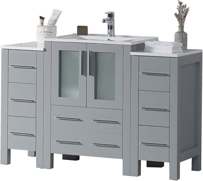 Blossom 48 Inch Bathroom Vanity with Sink - Metal Grey Solid Wood Cabinet with Tempered Glass & Side Storage Towers - Clearance Bathroom Vanity - Integrated Sink Countertop - Bathroom Sink Vanities