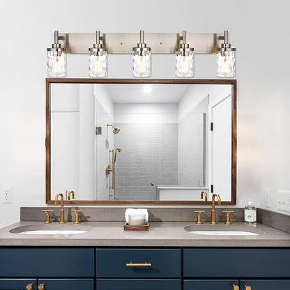 Bathroom Vanity Lighting Fixtures 5 Lights,Brushed Nickel Bathroom Vanity Lights with Clear Hammered Shade Wall Sconce Lighting Modern Farmhouse Bath Lighting