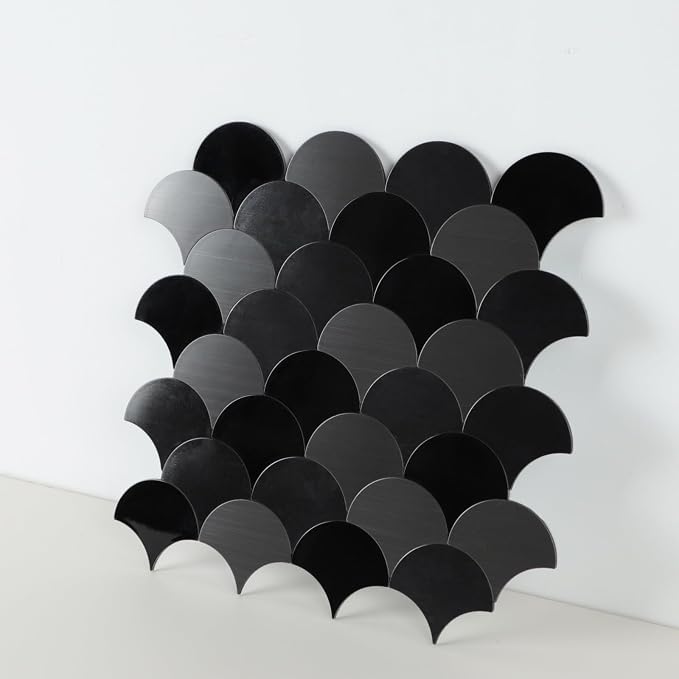 Fish Scale Black Peel and Stick Backsplash Tile, Fan Mosaic Self Adhesive Wall Tiles for Kitchen Bathroom-12 Sheet