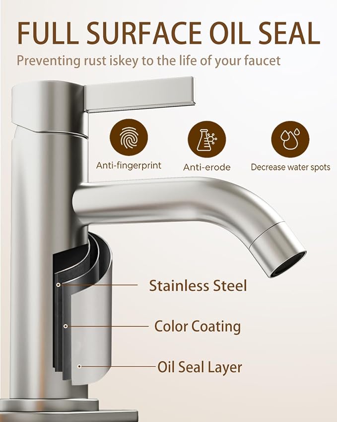 Brushed Nickel Bathroom Faucet Single Hole with Pop-Up Bathroom Drain and Flexible Hoses Single Handle Bathroom Sink Faucet w/Deck Plate(1 or 3 Hole) for Vanity Sinks, RV, Farmhouse