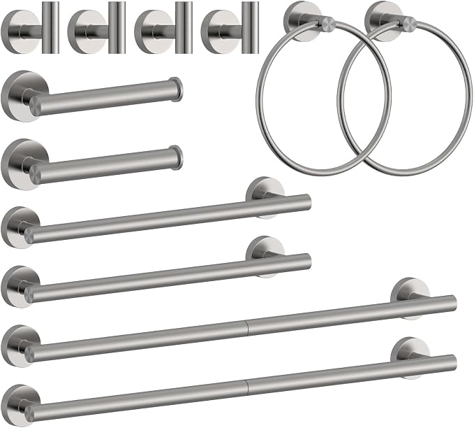 Wall-Mount Towel Bar Bathroom Hardware Accessory Set 12-Piece | Brushed Nickel,Stainless Steel,Wall Mount,Bathroom Hardware Set,Simple DIY installation,Stain-resistant and easy to maintain