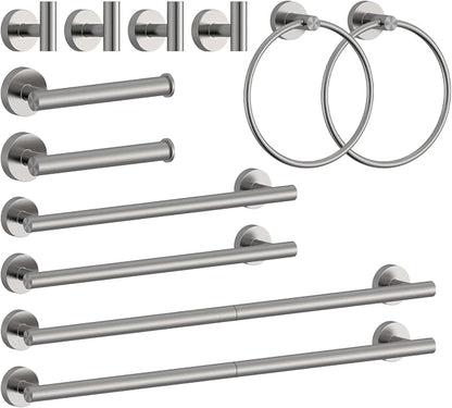 Wall-Mount Towel Bar Bathroom Hardware Accessory Set 12-Piece | Brushed Nickel,Stainless Steel,Wall Mount,Bathroom Hardware Set,Simple DIY installation,Stain-resistant and easy to maintain