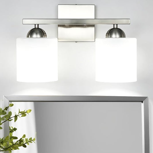 2 Light Brushed Nickel Vanity Lights for Bathroom, Modern Bathroom Light Fixtures Over Mirror, Vanity Light with Milky White Glass Shades, Farmhouse Wall Lights, E26 Socket