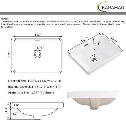 Small Bathroom Vessel Sink 16.7'' x 12.6'' Semi Recessed Bathroom Sink Rectangular Drop-in Vanity Sink with Overflow White Ceramic Modern Art Basin
