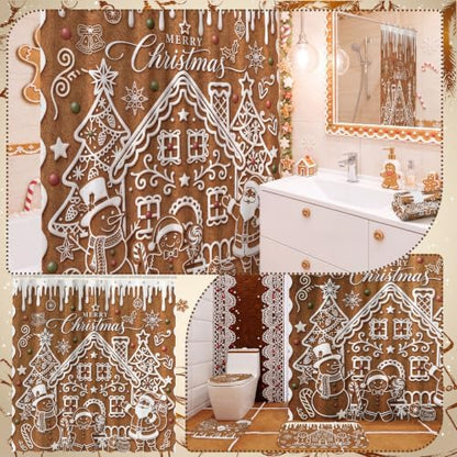 FuWeave 8Pcs Gingerbread House Christmas Shower Curtain Set, Cookie Santa Snowman Bathroom Decor, Non-Slip Bath Rug, U Mat, Toilet Lid Cover, Hand Towels & 12 Hooks, Xmas Winter Home Decor