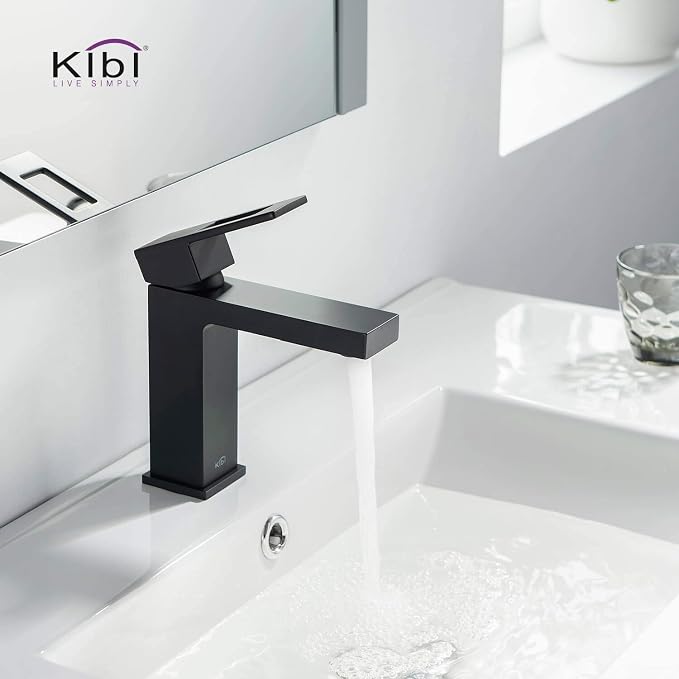 Matte Black Bathroom Sink Faucet - Solid Brass Single Handle with Pop-Up Drain | High Arc Cubic Spout Lavatory Faucet, Corrosion-Resistant, Easy DIY Install (KBF1002)