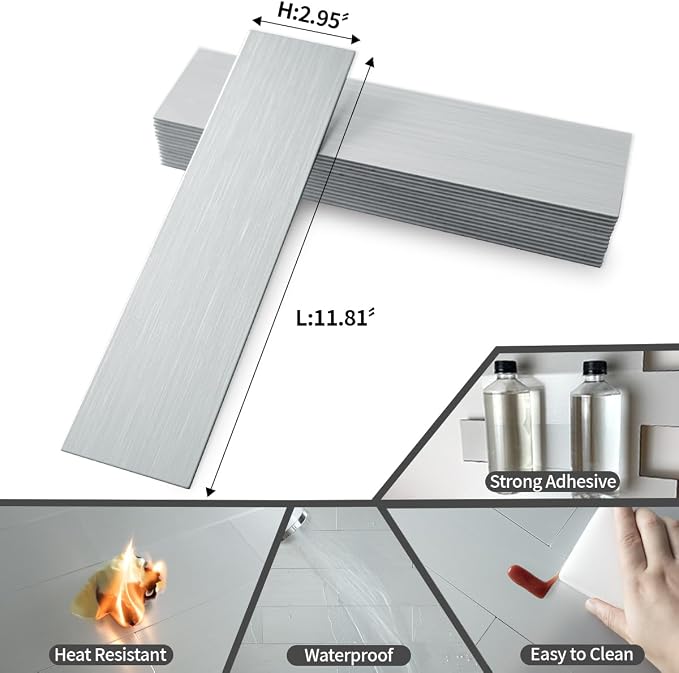 AULIGET 3" x 12" Peel and Stick Backsplash Wall Tiles, PVC Composite Stick on Tiles for Backsplash Kitchen, Bathroom, Laundry Room, Camper, Fireplace (40, Brushed Metal)