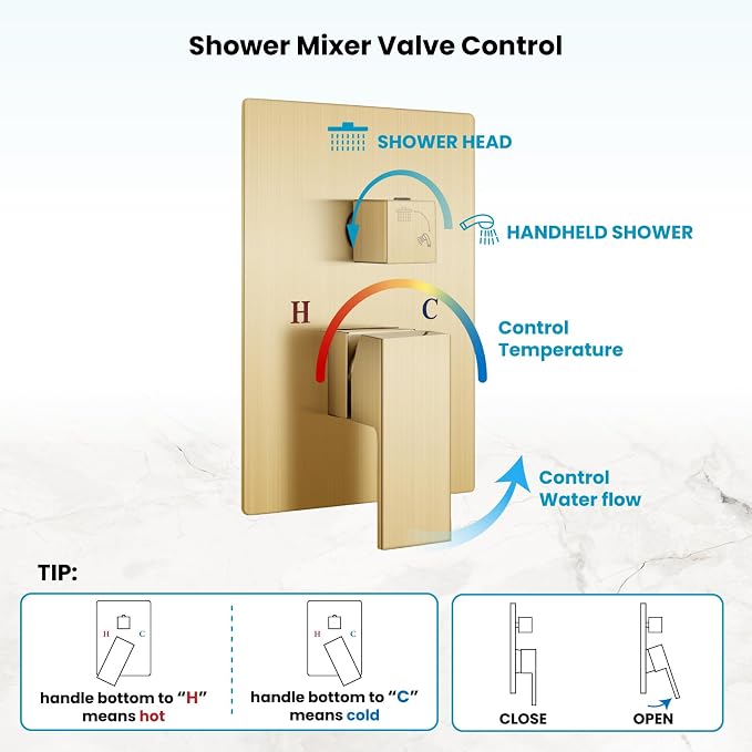 gotonovo Shower Faucet Set with Handheld Spray Brushed Gold,16'' Head | SUS304 Rainfall Shower Head and Handle Set System Fixture,Pressure Balance Valve Trim Kit,Single Handle,Wall Mount,All Metal