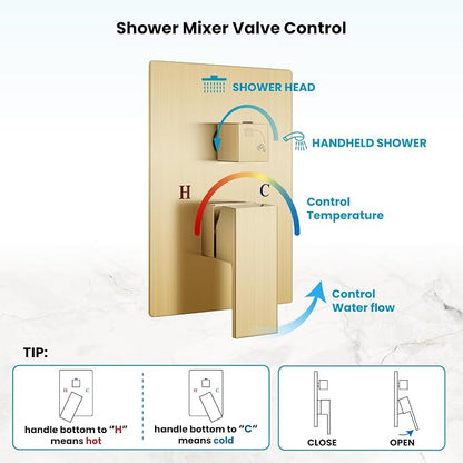 gotonovo Shower Faucet Set with Handheld Spray Brushed Gold,16'' Head | SUS304 Rainfall Shower Head and Handle Set System Fixture,Pressure Balance Valve Trim Kit,Single Handle,Wall Mount,All Metal