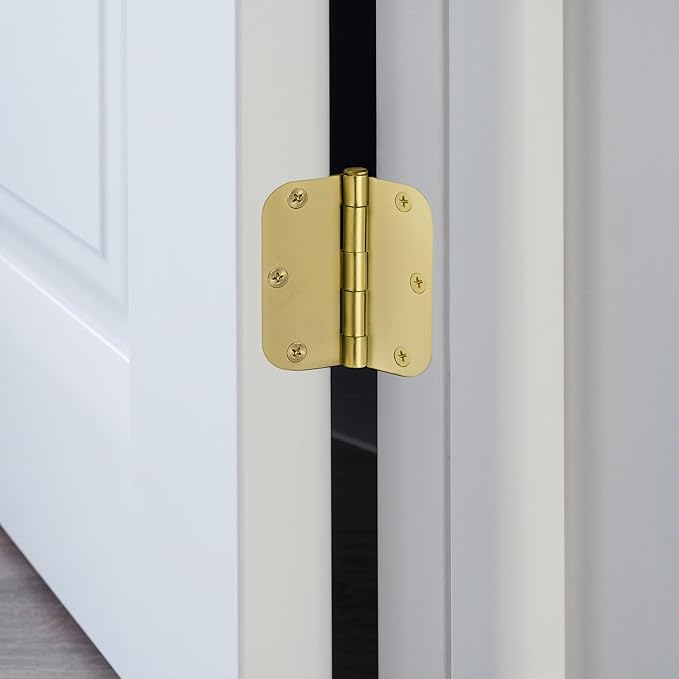 Design House Door Hinge, 3.5 in x 3.5 in, 5/8 in Radius, Interior, Rounded Steel, Removable Pin, Pre-Lubricated, Easy to Install, Satin Brass Finish, 9 Pack, 191130