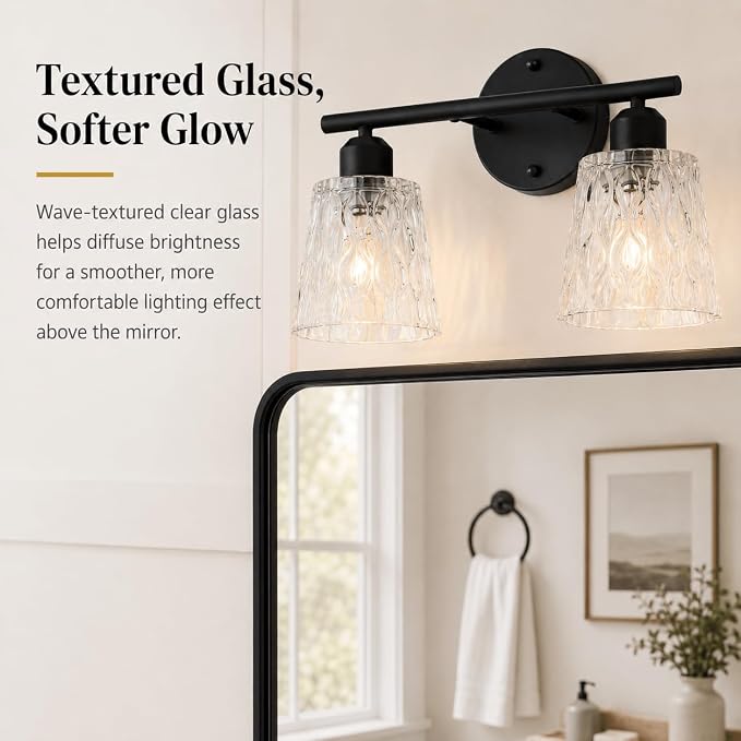 Black Bathroom Vanity Light Over Mirror, 2-Light Wall Mount Fixture with Textured Glass Shades, Stainless Steel Bar Design, E26 Base Sockets (Bulbs Not Included)