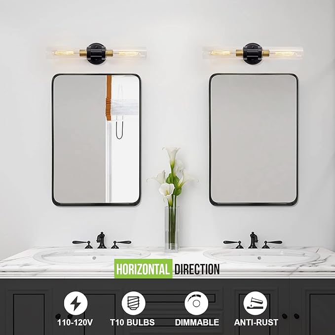 Bathroom Sconces Wall Lighting W/ Clear Glass, 2-Light Bathroom Vanity Light Fixtures, Modern Wall Lights for Mirror Living Room Hallway, Black and Gold Brushed Brass, E26 T10 Bulbs(Excluded)
