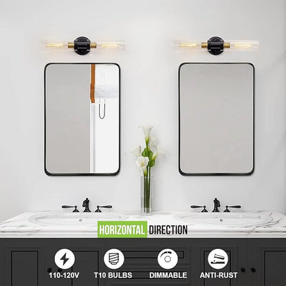 Bathroom Sconces Wall Lighting W/ Clear Glass, 2-Light Bathroom Vanity Light Fixtures, Modern Wall Lights for Mirror Living Room Hallway, Black and Gold Brushed Brass, E26 T10 Bulbs(Excluded)