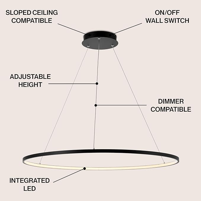 JONATHAN Y 35" Matte Black Modern Integrated LED Pendant Light, Dimmable Round Hoop Chandelier for Kitchen Island, Dining Room, Adjustable Height Metal Hanging Light (JYL7220A)