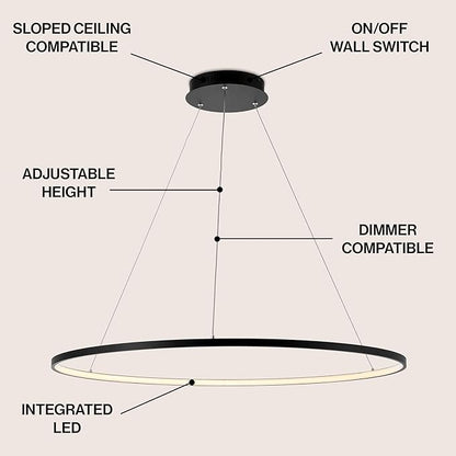 JONATHAN Y 35" Matte Black Modern Integrated LED Pendant Light, Dimmable Round Hoop Chandelier for Kitchen Island, Dining Room, Adjustable Height Metal Hanging Light (JYL7220A)